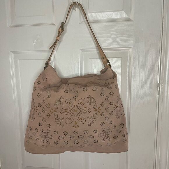 Anthropologie Miss Albright laser cut leather suede blush pink large tote bag.